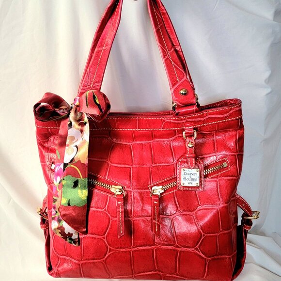 Dooney & Bourke Vintage Big Red Crocodile Embossed Leather Tote Bag, EUC - Picture 1 of 11